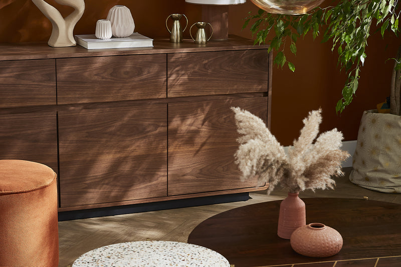 Buffet design en bois foncé noyer 3 portes 3 tiroirs