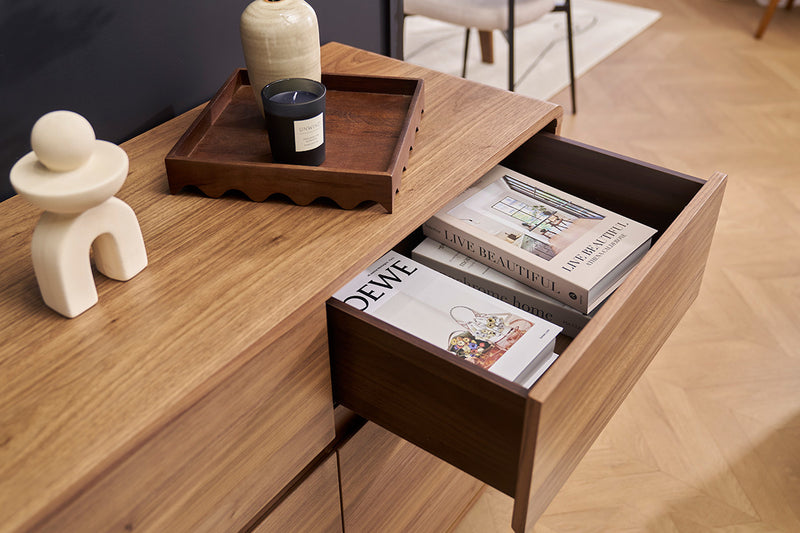 Buffet design en bois foncé noyer 3 portes 3 tiroirs