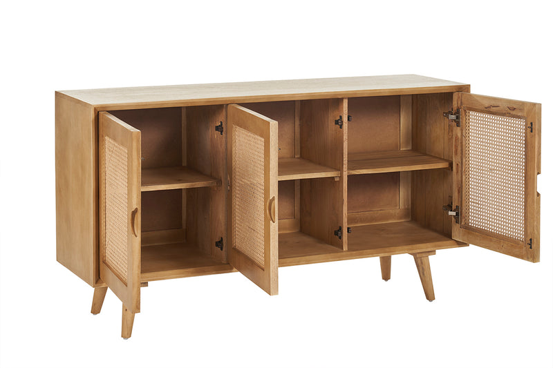 Buffet en bois manguier et cannage rotin 3 portes