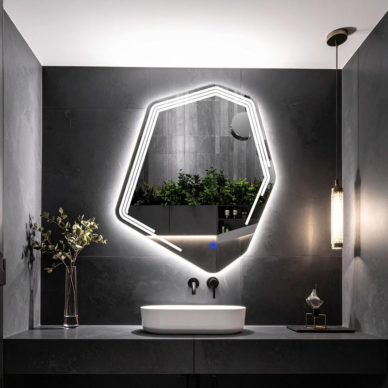 Miroir de salle de bain et lavabo LED Myrella sablé laser