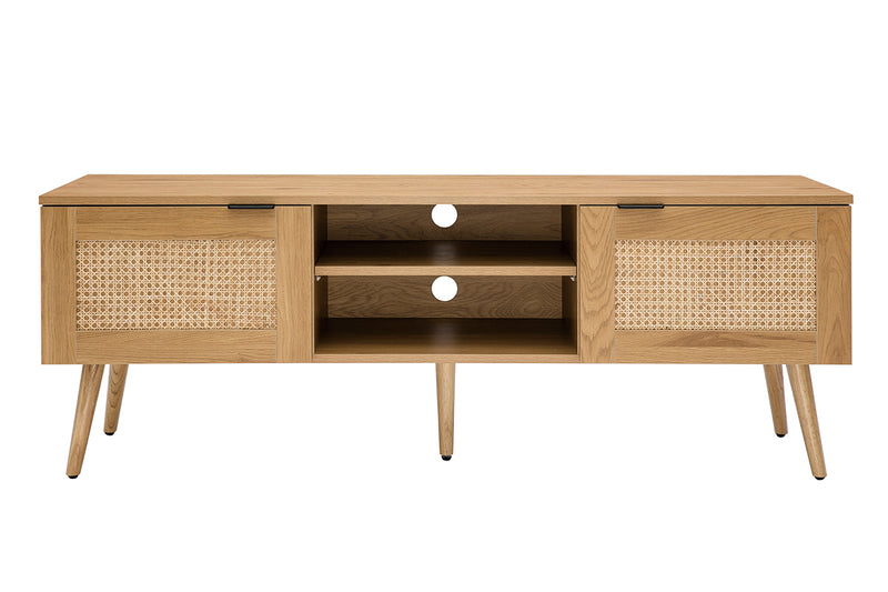 Meuble TV finition bois clair, cannage rotin 2 portes MANILLE
